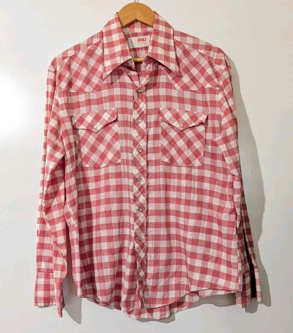 VINTAGE Bronco Men Button Up Shirt Western Pearl Snap USA 16.5 34/35 J
